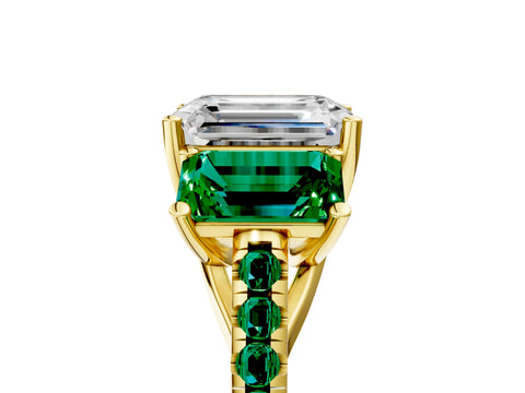 Yellow gold Three-Stone Emerald Cut Diamond Ring with Round with Emerald side stone Pavé Band and Prong Setting_5