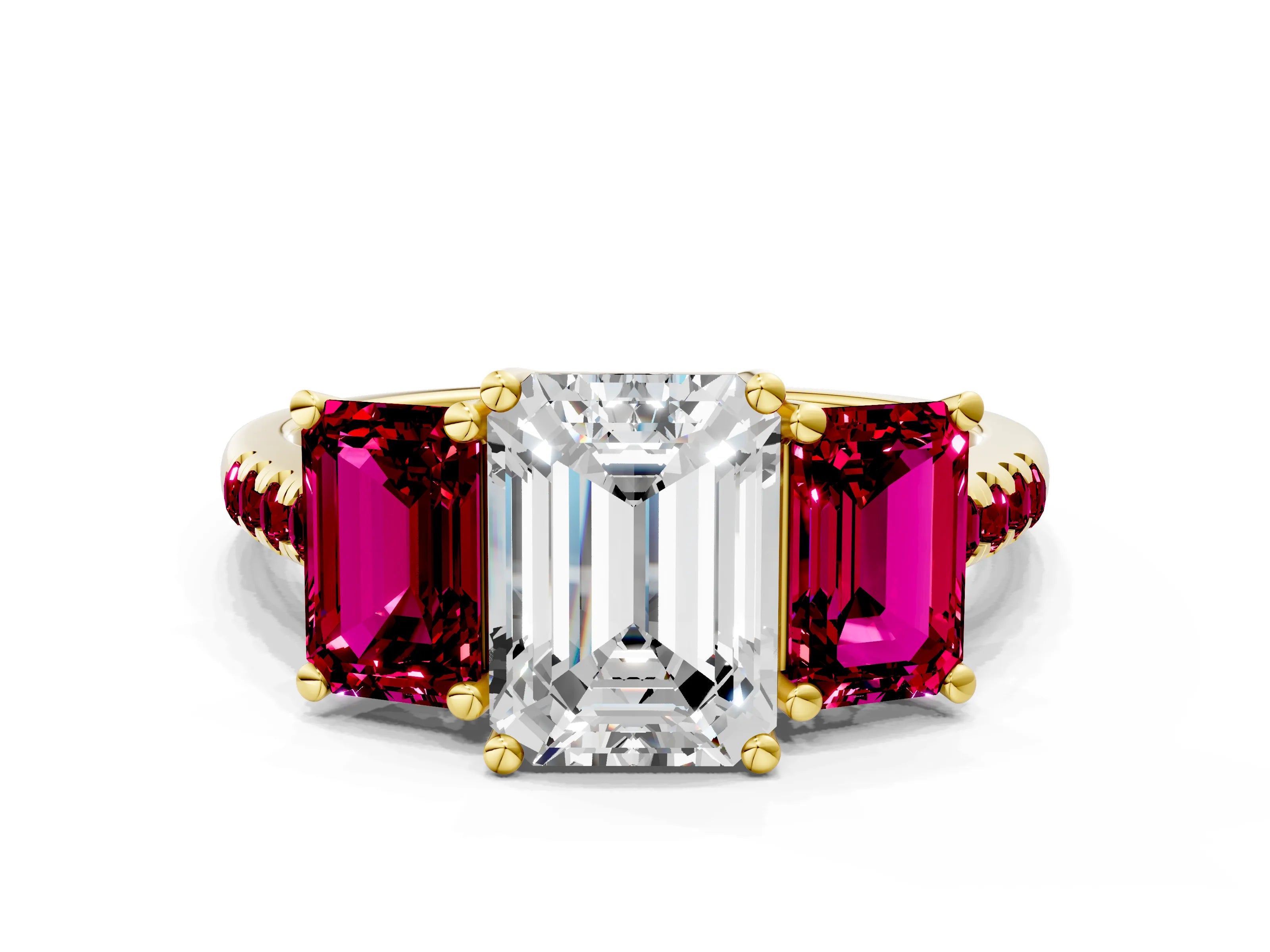 Yellow gold Three-Stone Emerald Cut Diamond Ring with Round with Garnet side stone Pavé Band and Prong Setting