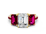 Yellow gold Three-Stone Emerald Cut Diamond Ring with Round with Garnet side stone Pavé Band and Prong Setting