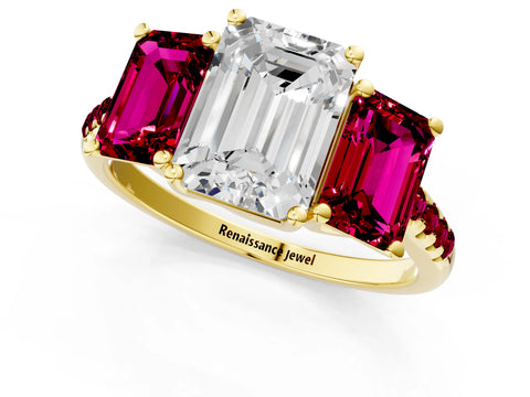 Yellow gold Three-Stone Emerald Cut Diamond Ring with Round with Garnet side stone Pavé Band and Prong Setting_1