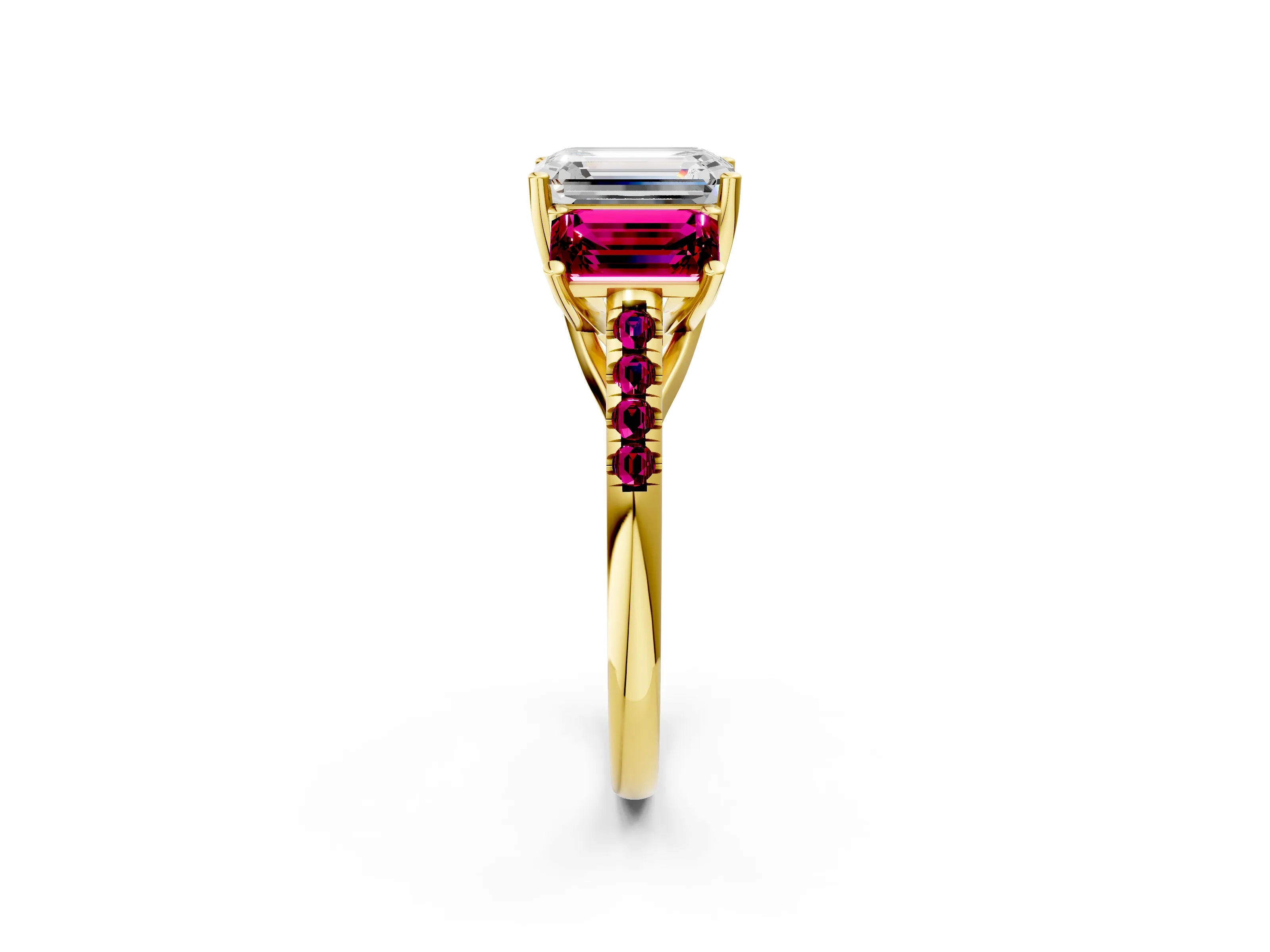 Yellow gold Three-Stone Emerald Cut Diamond Ring with Round with Garnet side stone Pavé Band and Prong Setting_2