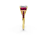 Yellow gold Three-Stone Emerald Cut Diamond Ring with Round with Garnet side stone Pavé Band and Prong Setting_2
