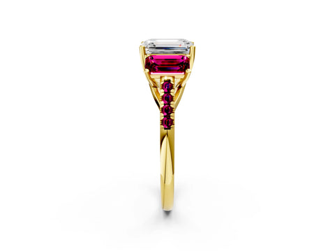Yellow gold Three-Stone Emerald Cut Diamond Ring with Round with Garnet side stone Pavé Band and Prong Setting_2