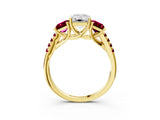 Yellow gold Three-Stone Emerald Cut Diamond Ring with Round with Garnet side stone Pavé Band and Prong Setting_3