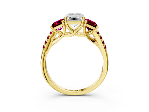 Yellow gold Three-Stone Emerald Cut Diamond Ring with Round with Garnet side stone Pavé Band and Prong Setting_3
