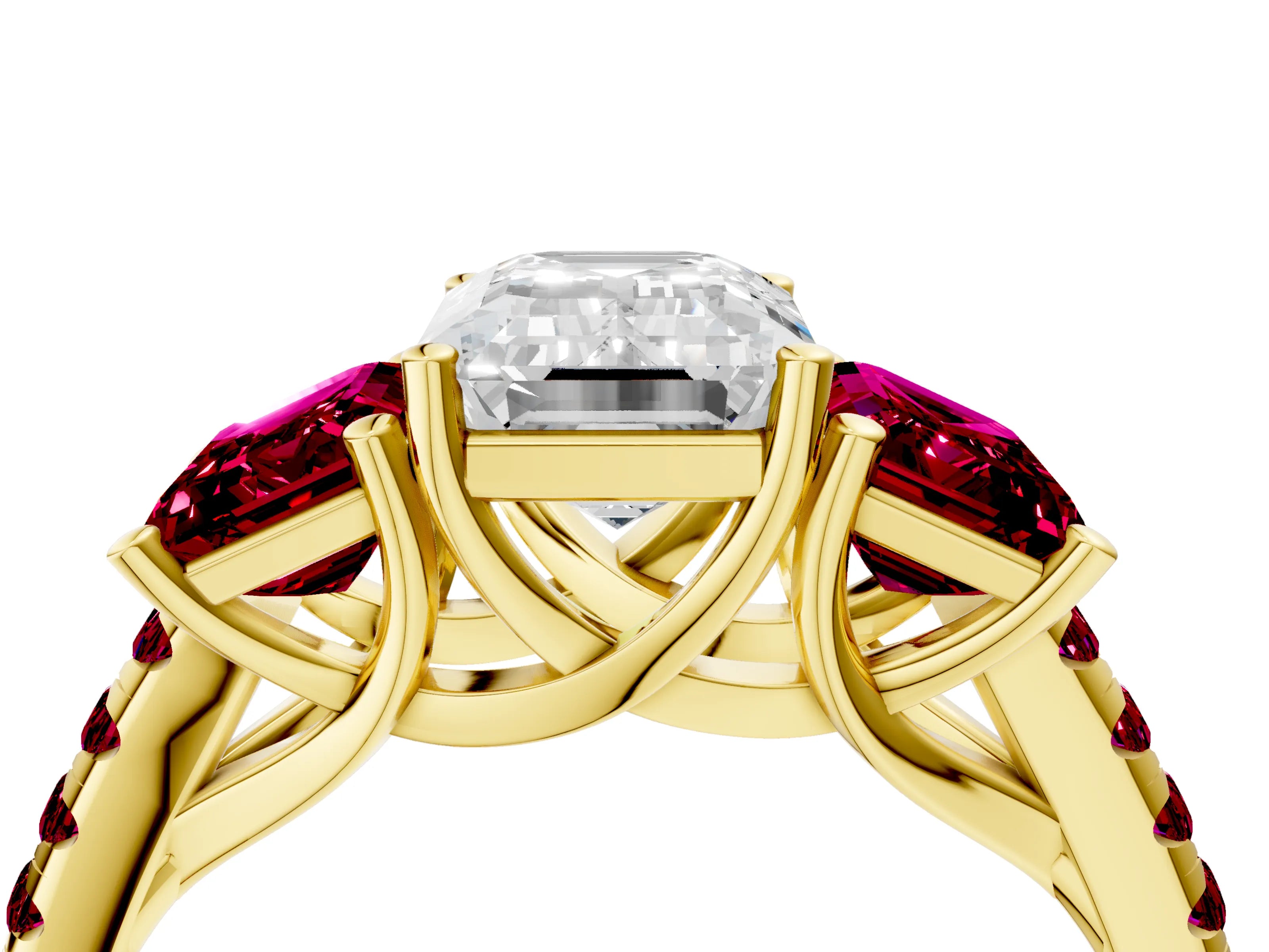 Yellow gold Three-Stone Emerald Cut Diamond Ring with Round with Garnet side stone Pavé Band and Prong Setting_4