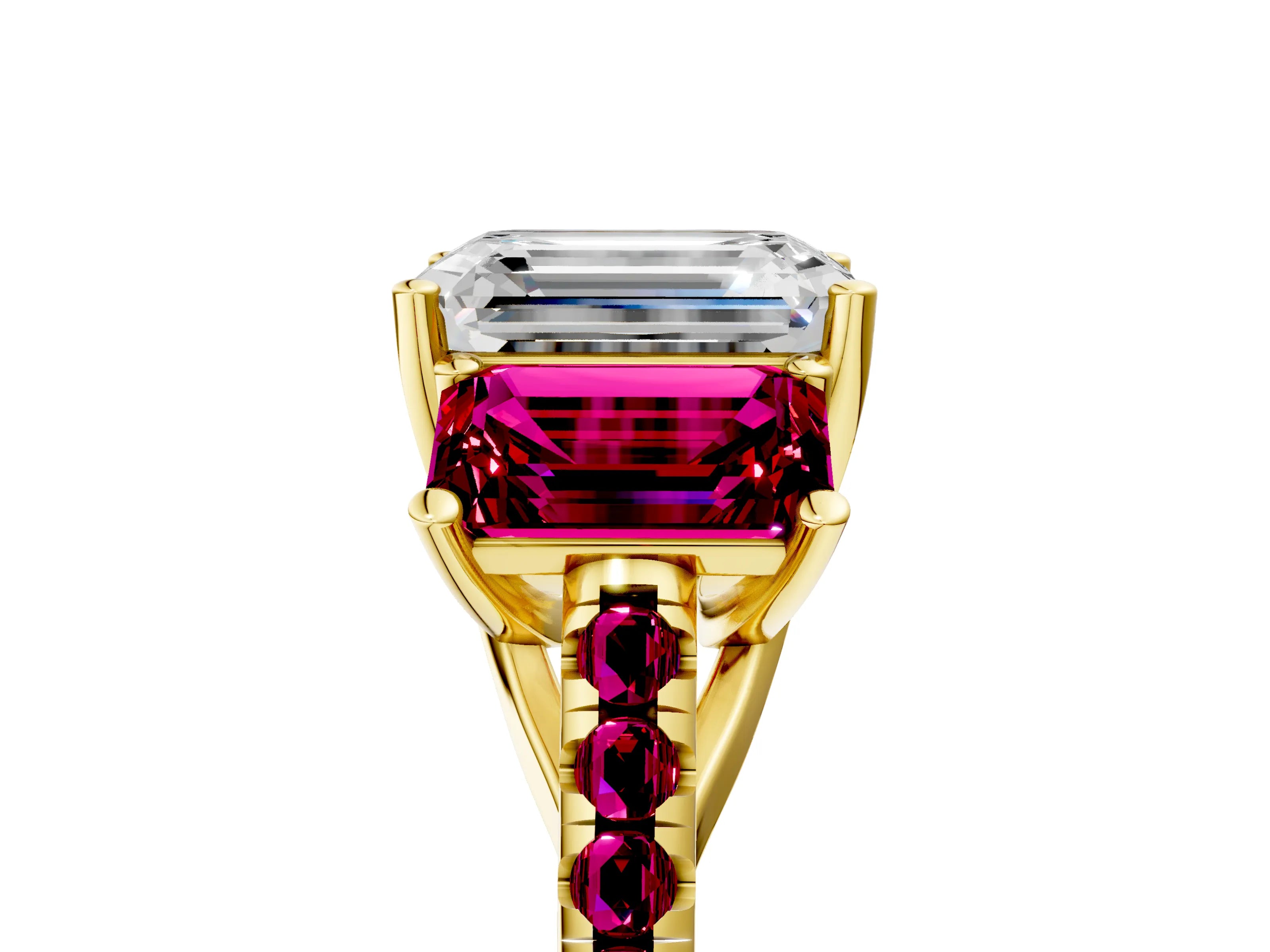 Yellow gold Three-Stone Emerald Cut Diamond Ring with Round with Garnet side stone Pavé Band and Prong Setting_5