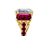 Yellow gold Three-Stone Emerald Cut Diamond Ring with Round with Garnet side stone Pavé Band and Prong Setting_5