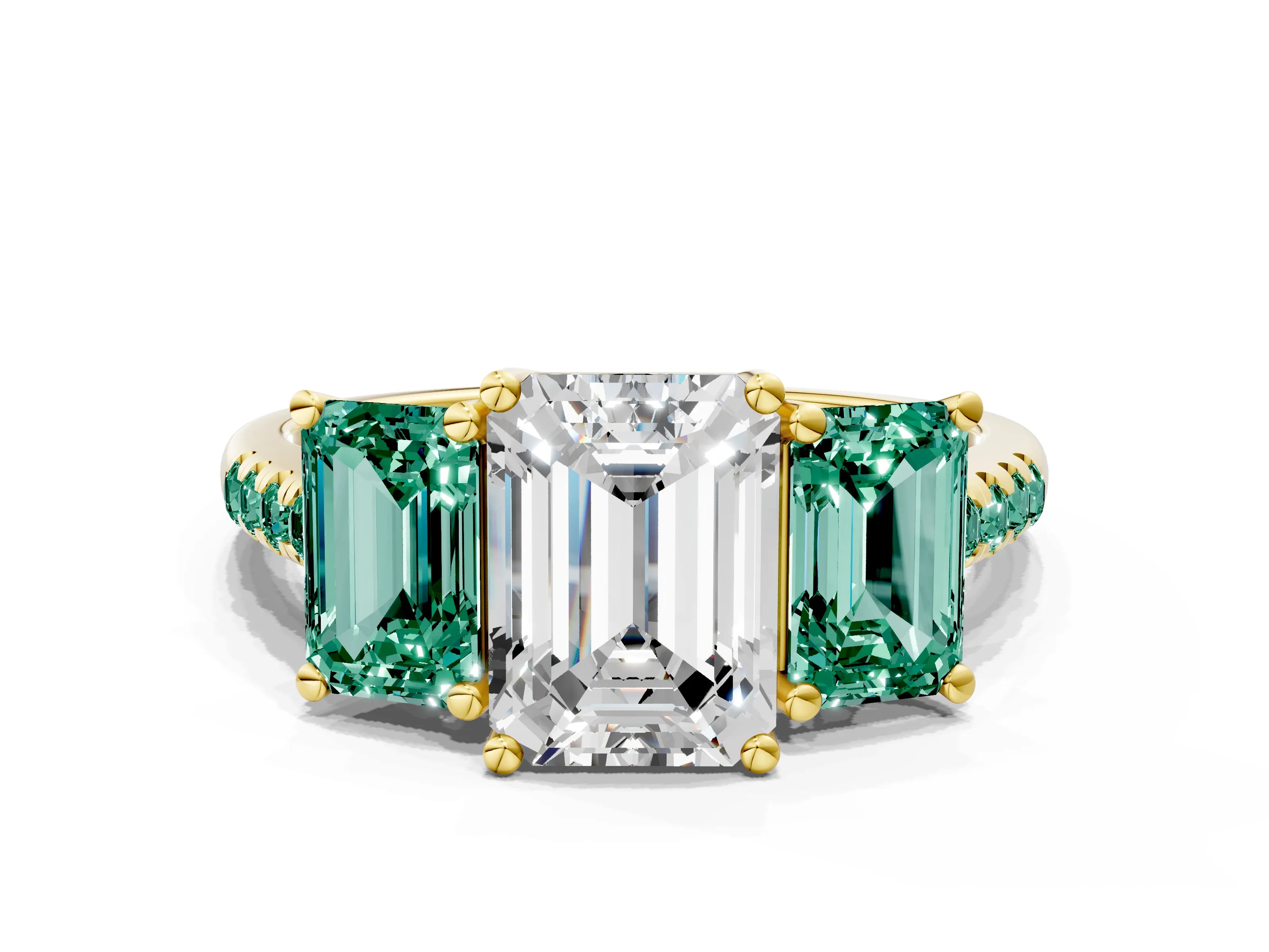 Yellow gold Three-Stone Emerald Cut Diamond Ring with Round with Green Sapphire side stone Pavé Band and Prong Setting