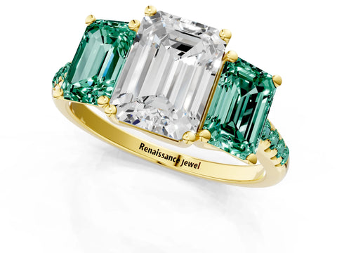 Yellow gold Three-Stone Emerald Cut Diamond Ring with Round with Green Sapphire side stone Pavé Band and Prong Setting_1
