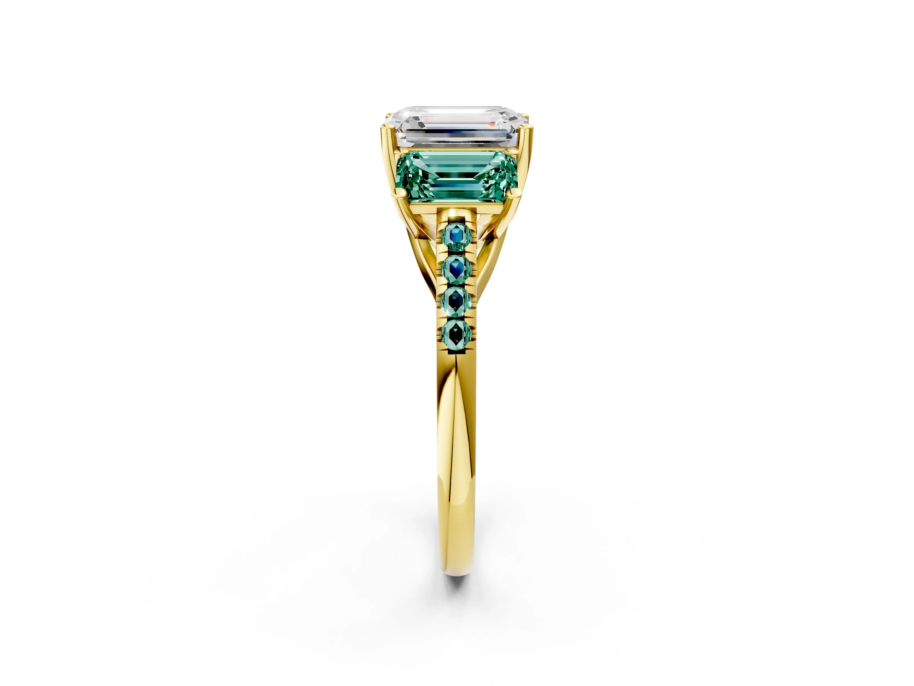 Yellow gold Three-Stone Emerald Cut Diamond Ring with Round with Green Sapphire side stone Pavé Band and Prong Setting_2