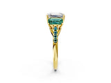 Yellow gold Three-Stone Emerald Cut Diamond Ring with Round with Green Sapphire side stone Pavé Band and Prong Setting_2
