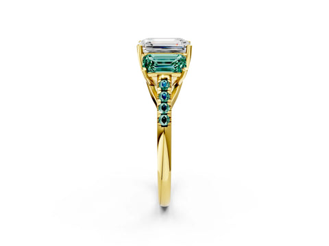 Yellow gold Three-Stone Emerald Cut Diamond Ring with Round with Green Sapphire side stone Pavé Band and Prong Setting_2