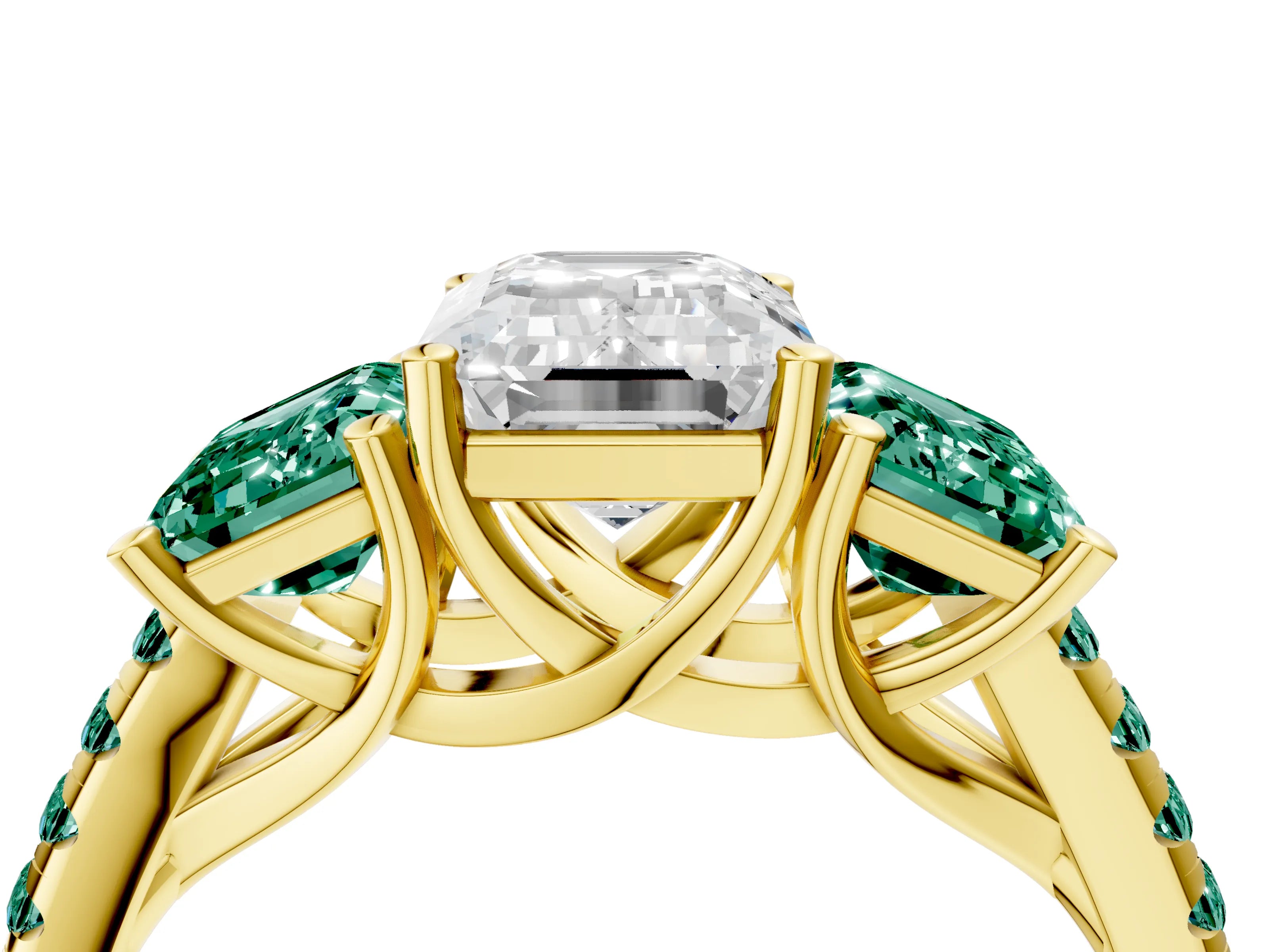Yellow gold Three-Stone Emerald Cut Diamond Ring with Round with Green Sapphire side stone Pavé Band and Prong Setting_4