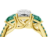 Yellow gold Three-Stone Emerald Cut Diamond Ring with Round with Green Sapphire side stone Pavé Band and Prong Setting_4