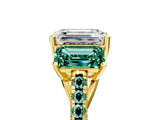 Yellow gold Three-Stone Emerald Cut Diamond Ring with Round with Green Sapphire side stone Pavé Band and Prong Setting_5