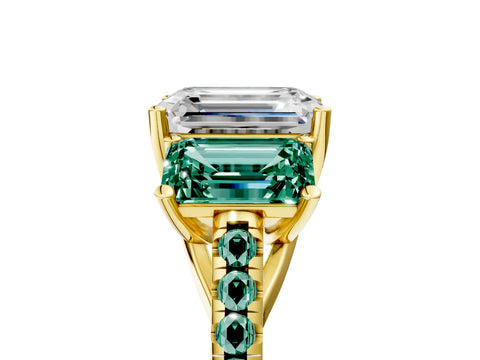 Yellow gold Three-Stone Emerald Cut Diamond Ring with Round with Green Sapphire side stone Pavé Band and Prong Setting_5
