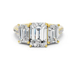 Yellow gold Three-Stone Emerald Cut Diamond Ring with Round with Moissanite side stone Pavé Band and Prong Setting