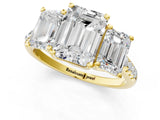 Yellow gold Three-Stone Emerald Cut Diamond Ring with Round with Moissanite side stone Pavé Band and Prong Setting_1
