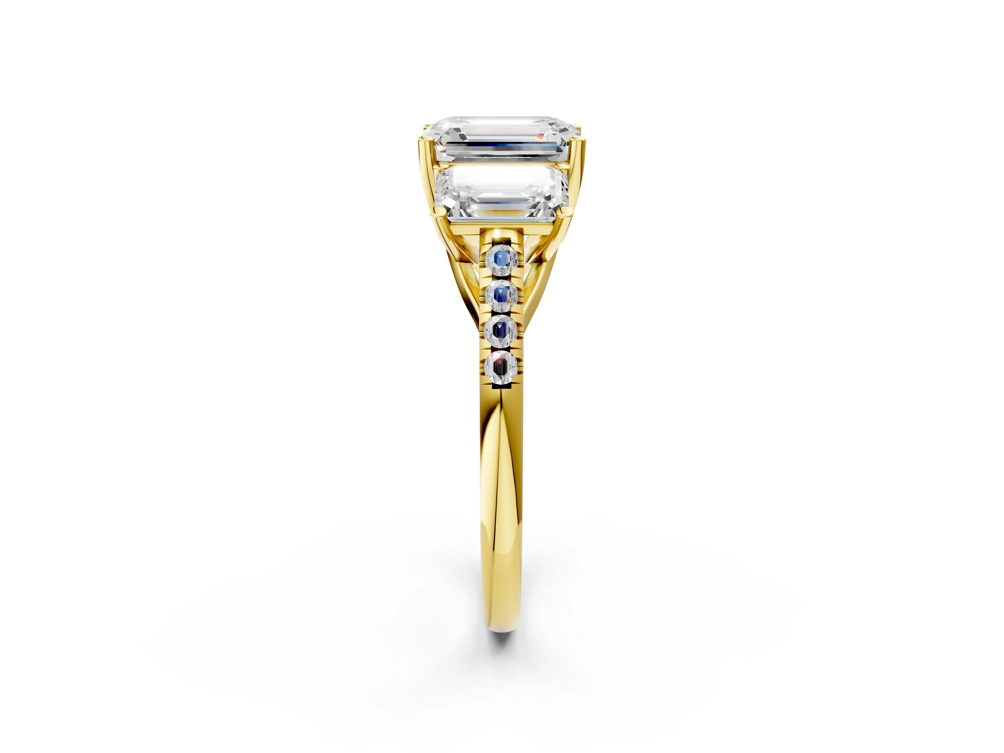 Yellow gold Three-Stone Emerald Cut Diamond Ring with Round with Moissanite side stone Pavé Band and Prong Setting_2