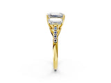 Yellow gold Three-Stone Emerald Cut Diamond Ring with Round with Moissanite side stone Pavé Band and Prong Setting_2