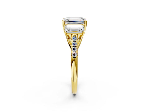 Yellow gold Three-Stone Emerald Cut Diamond Ring with Round with Moissanite side stone Pavé Band and Prong Setting_2