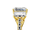 Yellow gold Three-Stone Emerald Cut Diamond Ring with Round with Moissanite side stone Pavé Band and Prong Setting_5