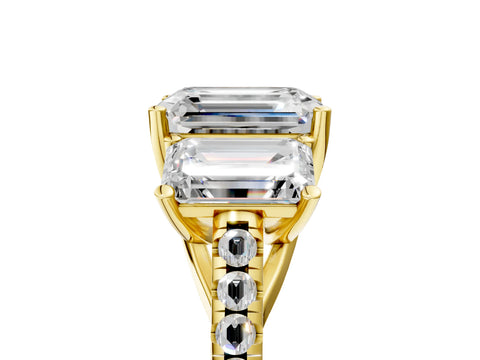 Yellow gold Three-Stone Emerald Cut Diamond Ring with Round with Moissanite side stone Pavé Band and Prong Setting_5