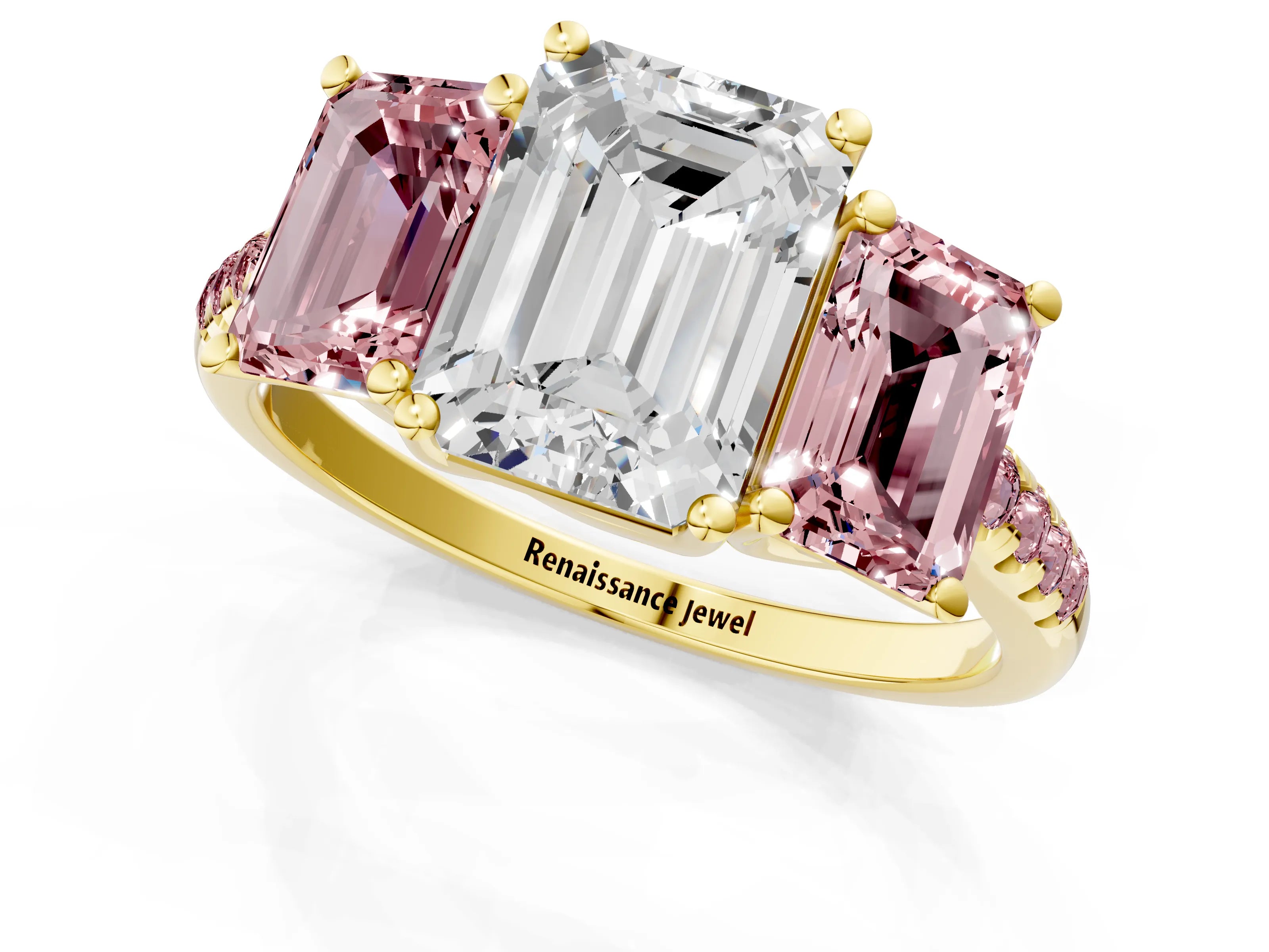 Yellow gold Three-Stone Emerald Cut Diamond Ring with Round with Morganite side stone Pavé Band and Prong Setting_1