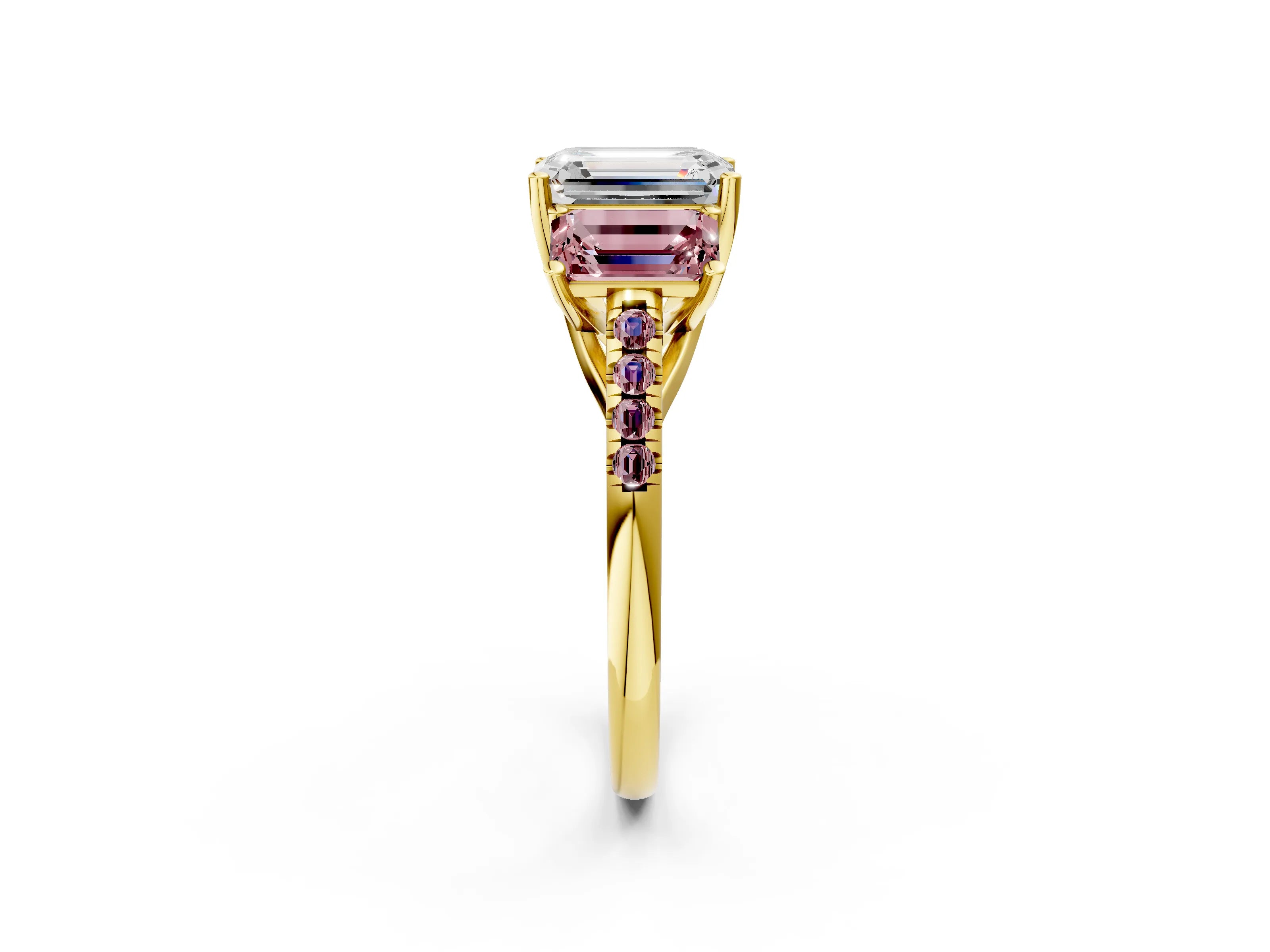 Yellow gold Three-Stone Emerald Cut Diamond Ring with Round with Morganite side stone Pavé Band and Prong Setting_2