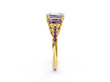 Yellow gold Three-Stone Emerald Cut Diamond Ring with Round with Morganite side stone Pavé Band and Prong Setting_2