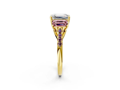 Yellow gold Three-Stone Emerald Cut Diamond Ring with Round with Morganite side stone Pavé Band and Prong Setting_2