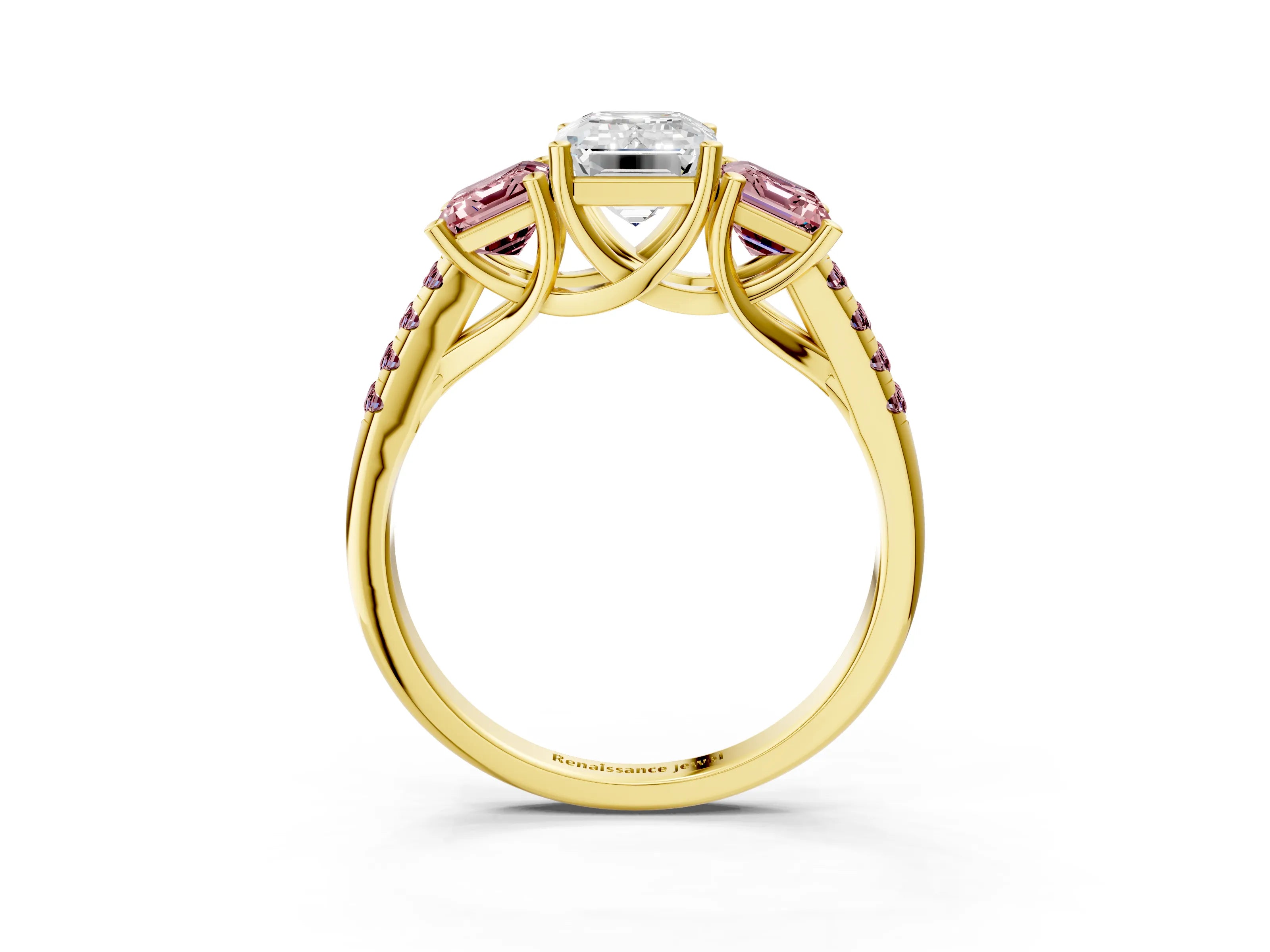 Yellow gold Three-Stone Emerald Cut Diamond Ring with Round with Morganite side stone Pavé Band and Prong Setting_3