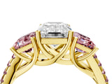 Yellow gold Three-Stone Emerald Cut Diamond Ring with Round with Morganite side stone Pavé Band and Prong Setting_4