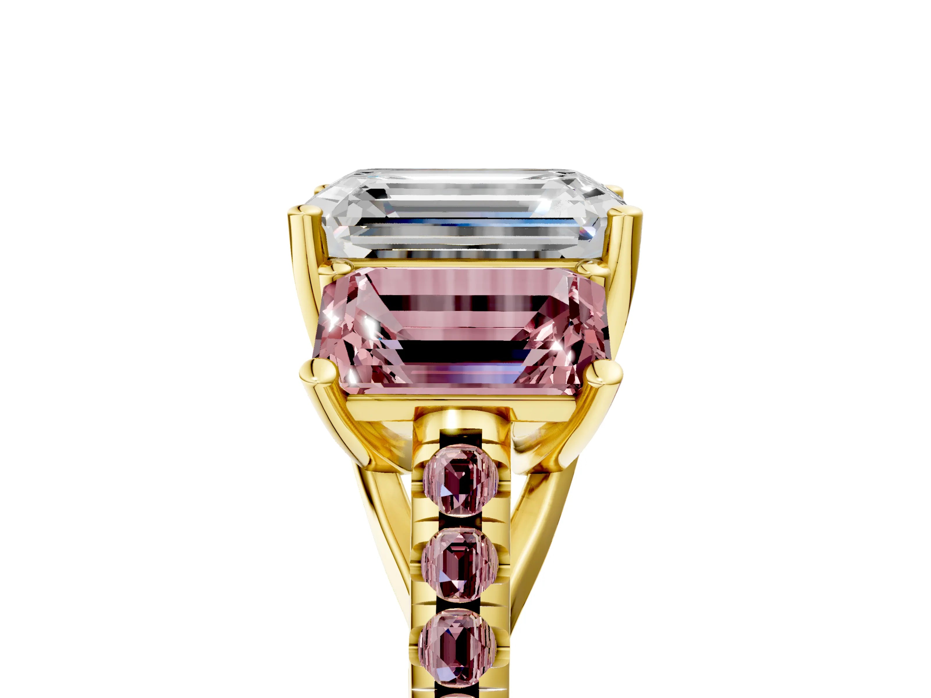 Yellow gold Three-Stone Emerald Cut Diamond Ring with Round with Morganite side stone Pavé Band and Prong Setting_5