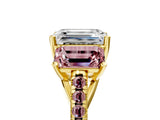 Yellow gold Three-Stone Emerald Cut Diamond Ring with Round with Morganite side stone Pavé Band and Prong Setting_5