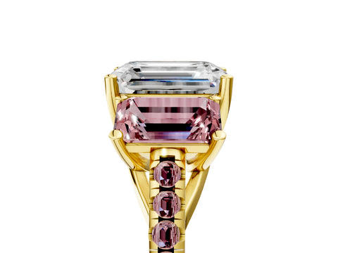 Yellow gold Three-Stone Emerald Cut Diamond Ring with Round with Morganite side stone Pavé Band and Prong Setting_5