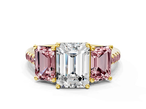 Yellow gold Three-Stone Emerald Cut Diamond Ring with Round with Morganite side stone Pavé Band and Prong Setting