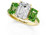 Yellow gold Three-Stone Emerald Cut Diamond Ring with Round with Peridot side stone Pavé Band and Prong Setting_1