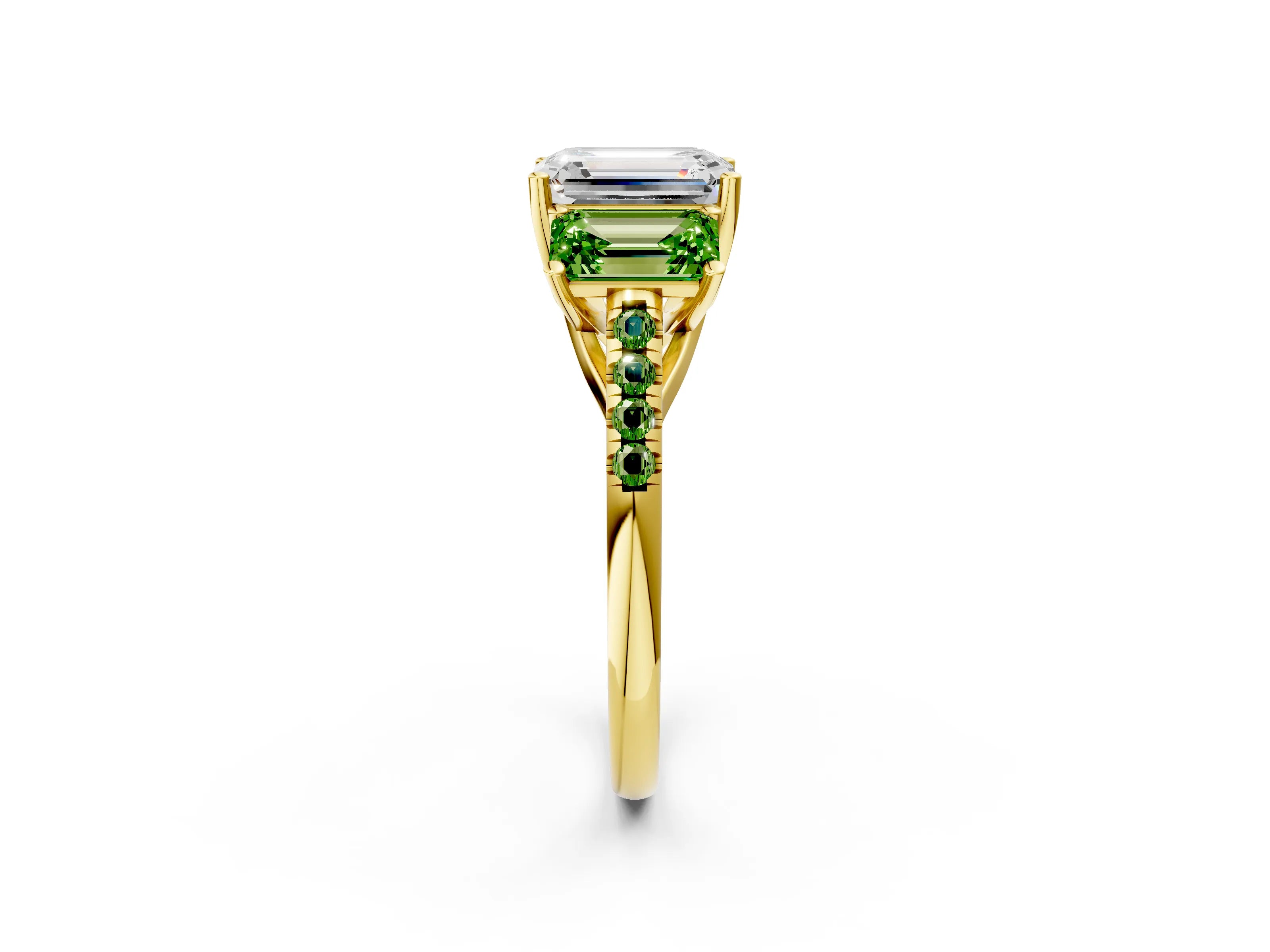 Yellow gold Three-Stone Emerald Cut Diamond Ring with Round with Peridot side stone Pavé Band and Prong Setting_2
