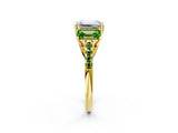 Yellow gold Three-Stone Emerald Cut Diamond Ring with Round with Peridot side stone Pavé Band and Prong Setting_2