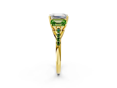 Yellow gold Three-Stone Emerald Cut Diamond Ring with Round with Peridot side stone Pavé Band and Prong Setting_2