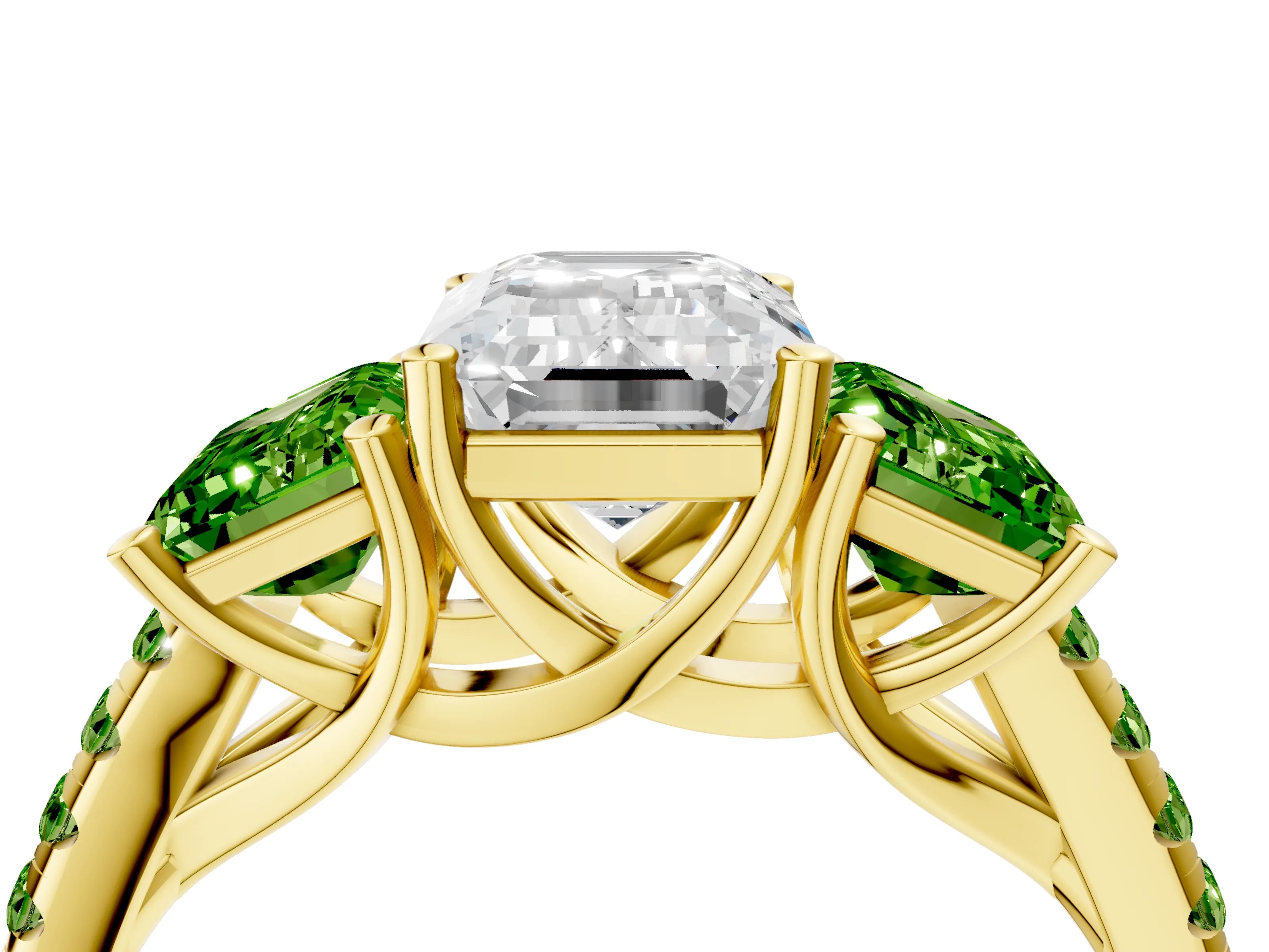 Yellow gold Three-Stone Emerald Cut Diamond Ring with Round with Peridot side stone Pavé Band and Prong Setting_4