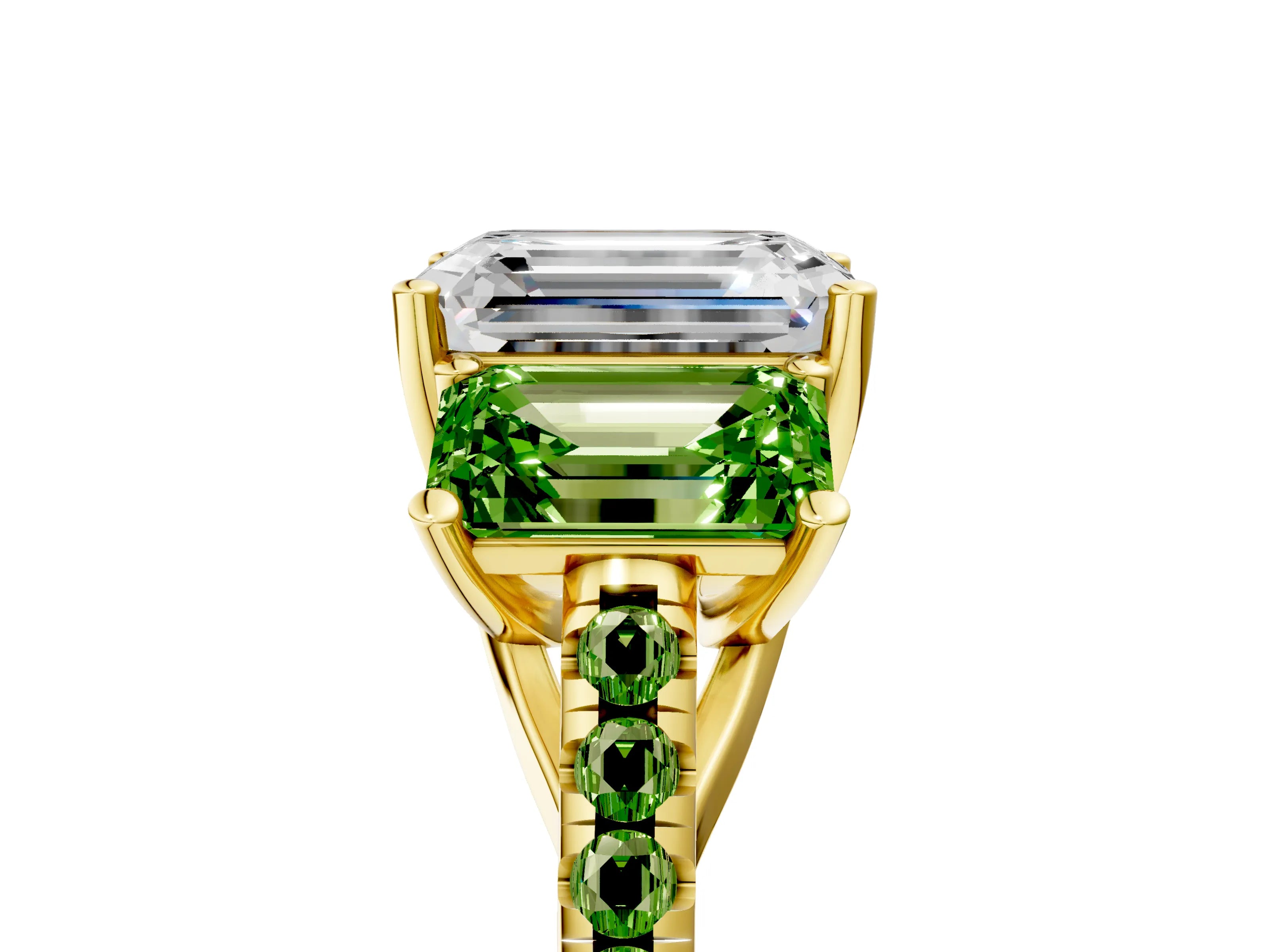 Yellow gold Three-Stone Emerald Cut Diamond Ring with Round with Peridot side stone Pavé Band and Prong Setting_5