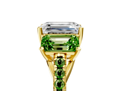 Yellow gold Three-Stone Emerald Cut Diamond Ring with Round with Peridot side stone Pavé Band and Prong Setting_5