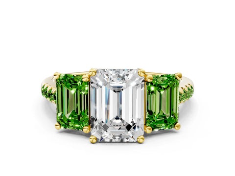 Yellow gold Three-Stone Emerald Cut Diamond Ring with Round with Peridot side stone Pavé Band and Prong Setting