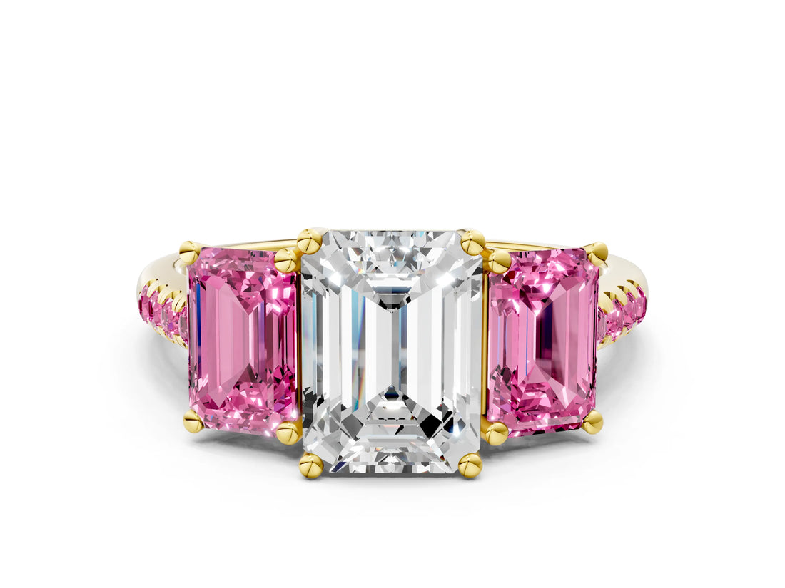 Yellow gold Three-Stone Emerald Cut Diamond Ring with Round with Pink Sapphire side stone Pavé Band and Prong Setting