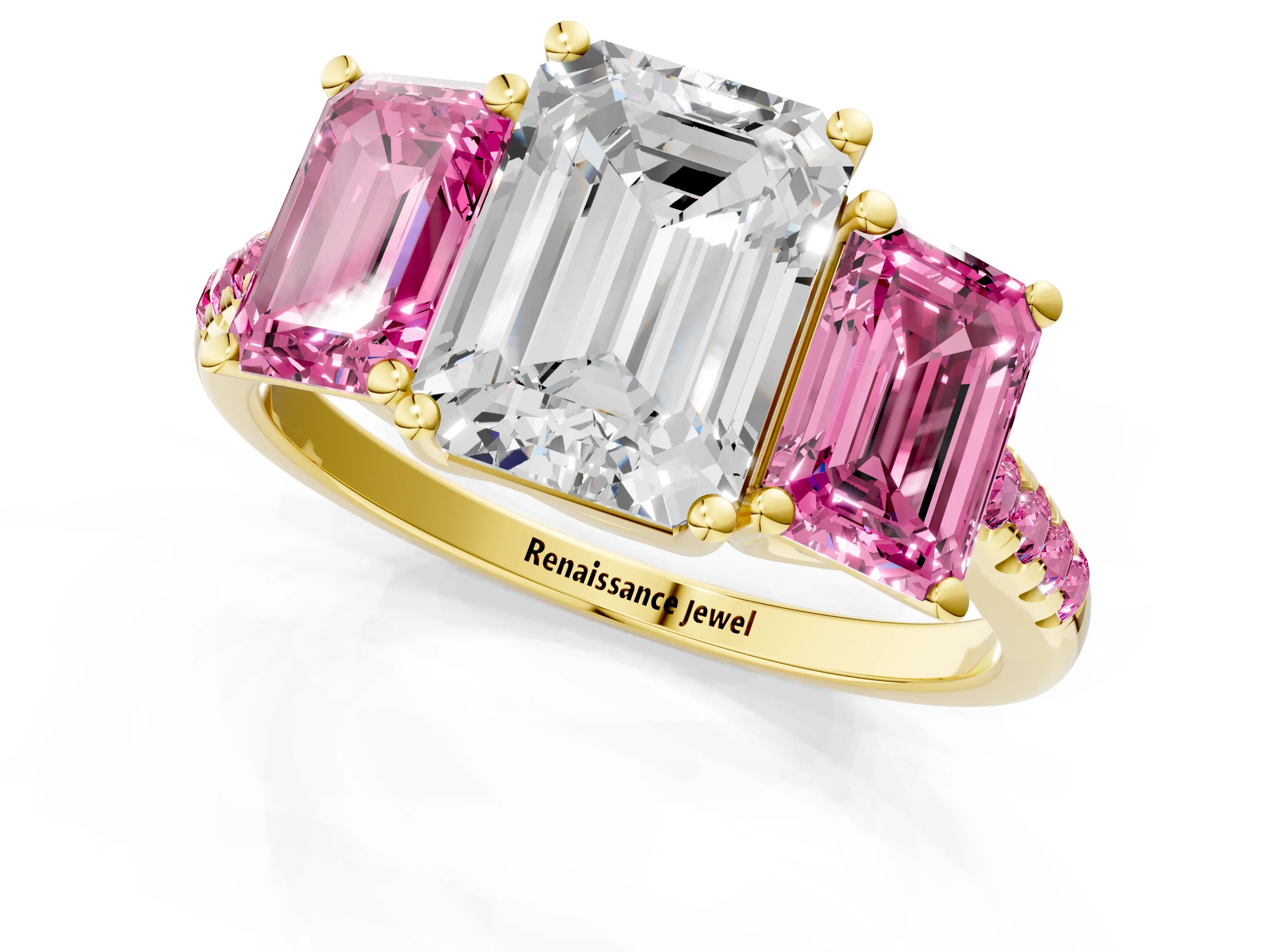Yellow gold Three-Stone Emerald Cut Diamond Ring with Round with Pink Sapphire side stone Pavé Band and Prong Setting_1