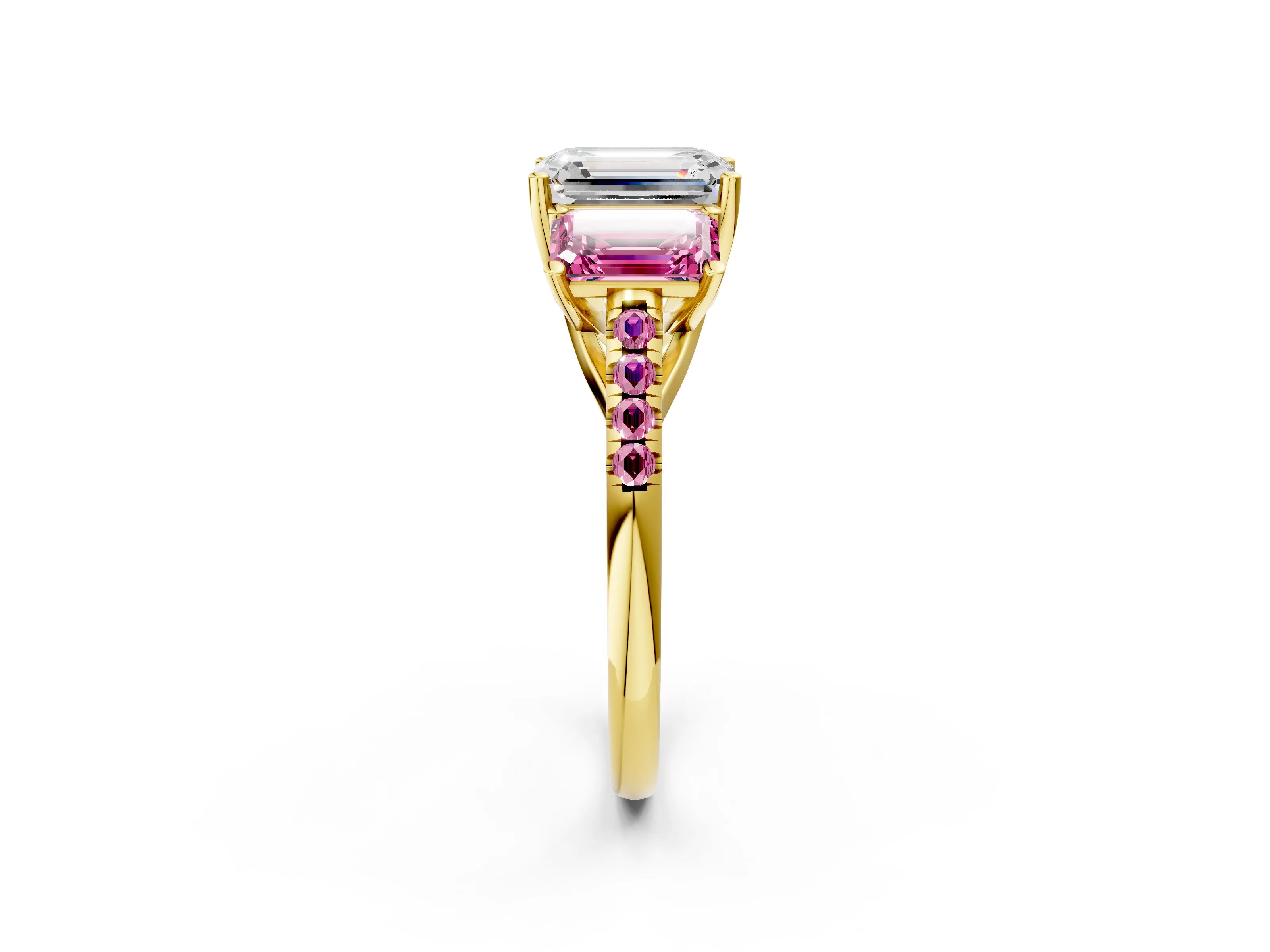 Yellow gold Three-Stone Emerald Cut Diamond Ring with Round with Pink Sapphire side stone Pavé Band and Prong Setting_2