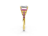 Yellow gold Three-Stone Emerald Cut Diamond Ring with Round with Pink Sapphire side stone Pavé Band and Prong Setting_2